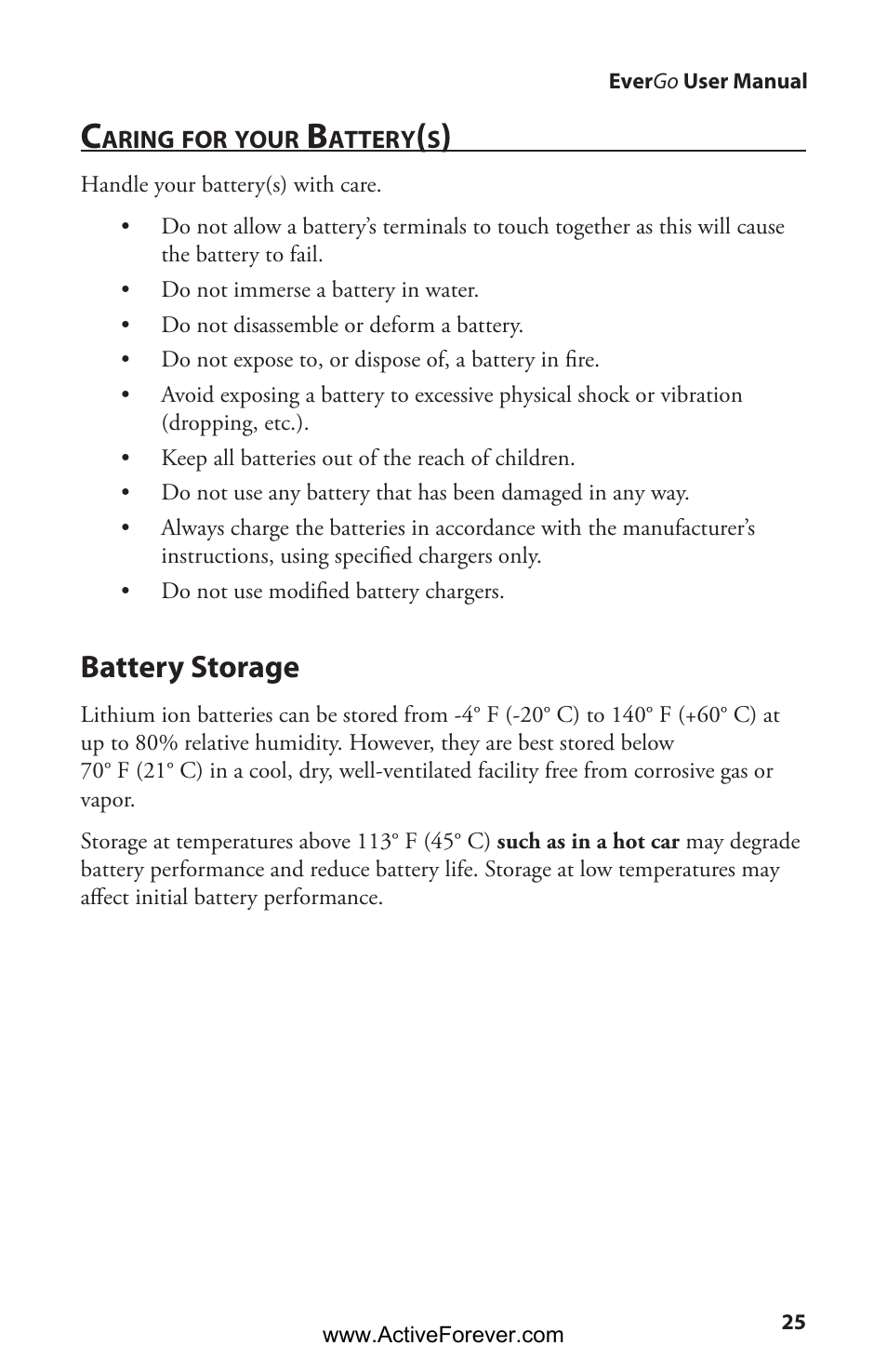 Battery storage | Activeforever Respironics EverGo Portable Oxygen Concentrator User Manual | Page 28 / 38