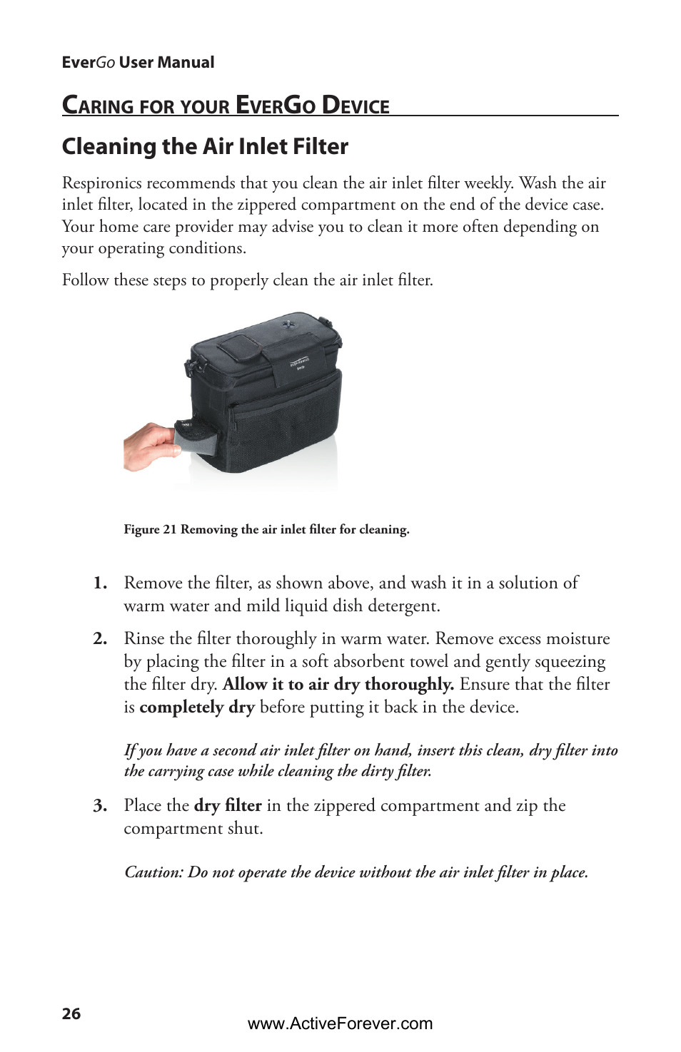Cleaning the air inlet filter | Activeforever Respironics EverGo Portable Oxygen Concentrator User Manual | Page 29 / 38