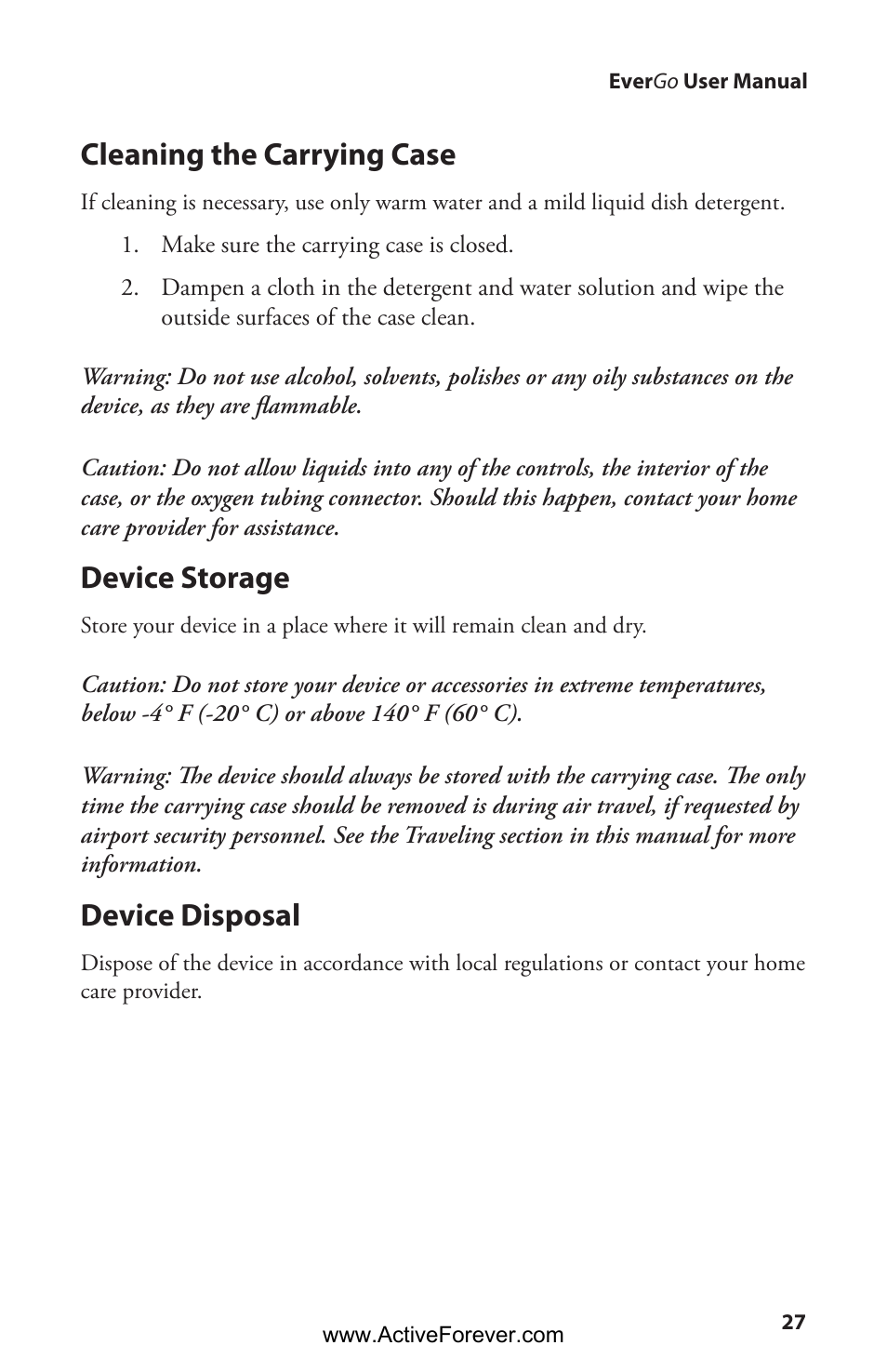 Cleaning the carrying case, Device storage, Device disposal | Activeforever Respironics EverGo Portable Oxygen Concentrator User Manual | Page 30 / 38