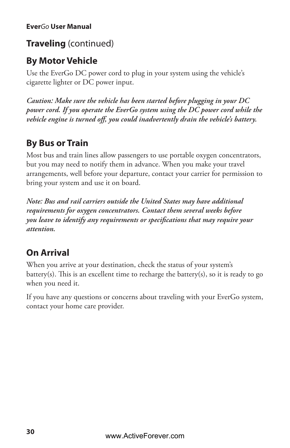 By motor vehicle, By bus or train, On arrival | Traveling (continued) | Activeforever Respironics EverGo Portable Oxygen Concentrator User Manual | Page 33 / 38