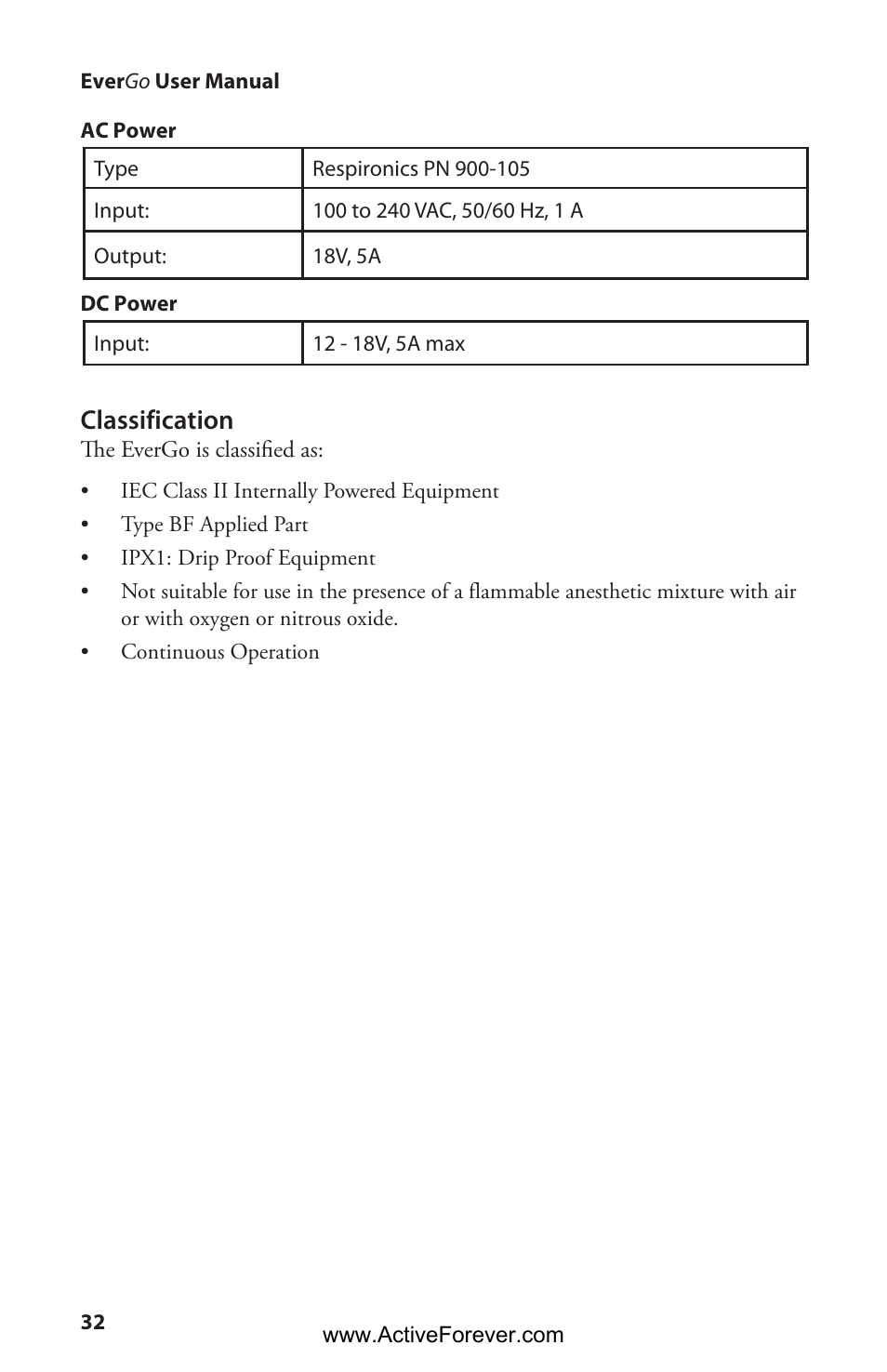Classification | Activeforever Respironics EverGo Portable Oxygen Concentrator User Manual | Page 35 / 38