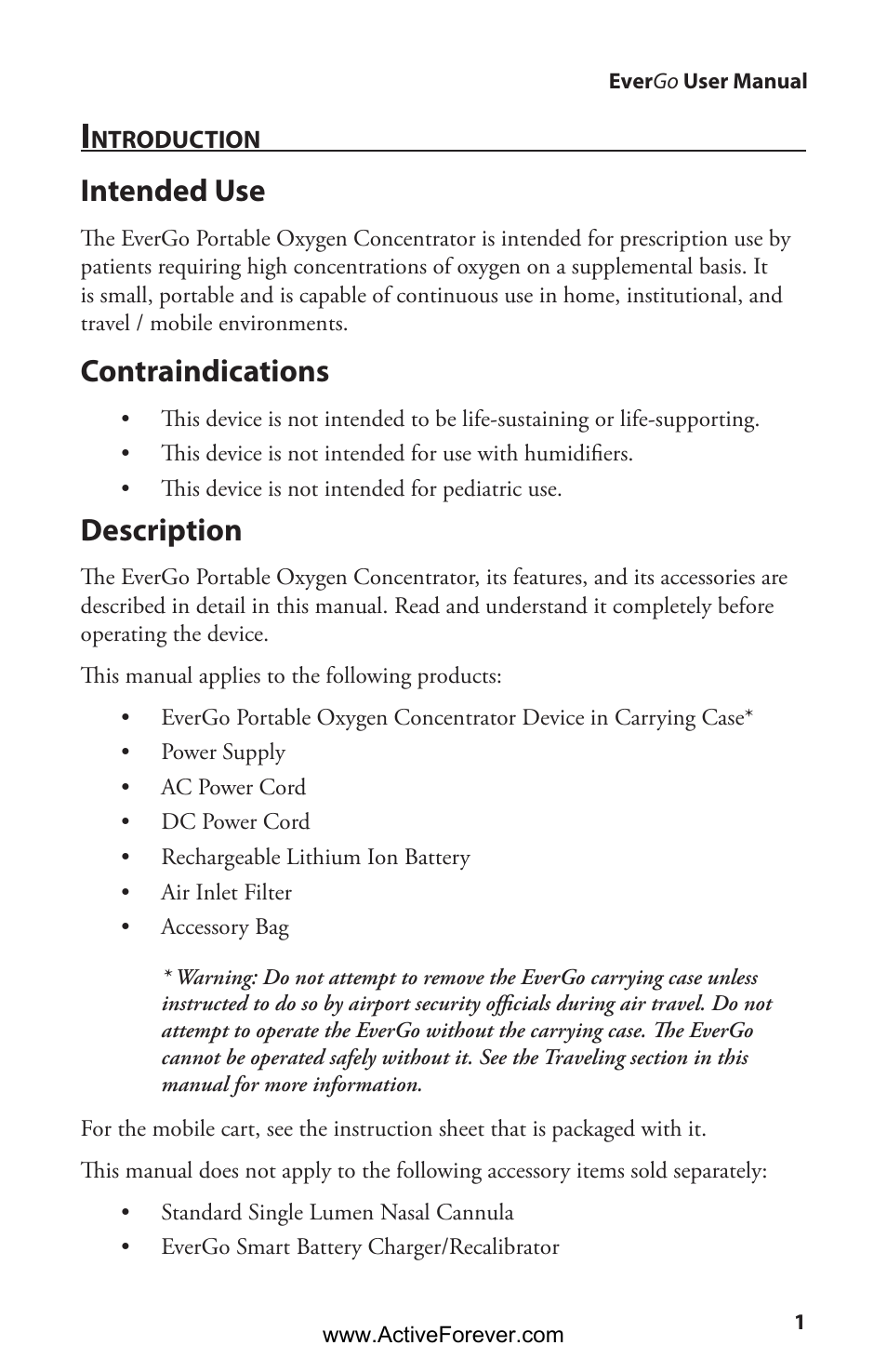 Intended use, Contraindications, Description | Activeforever Respironics EverGo Portable Oxygen Concentrator User Manual | Page 4 / 38