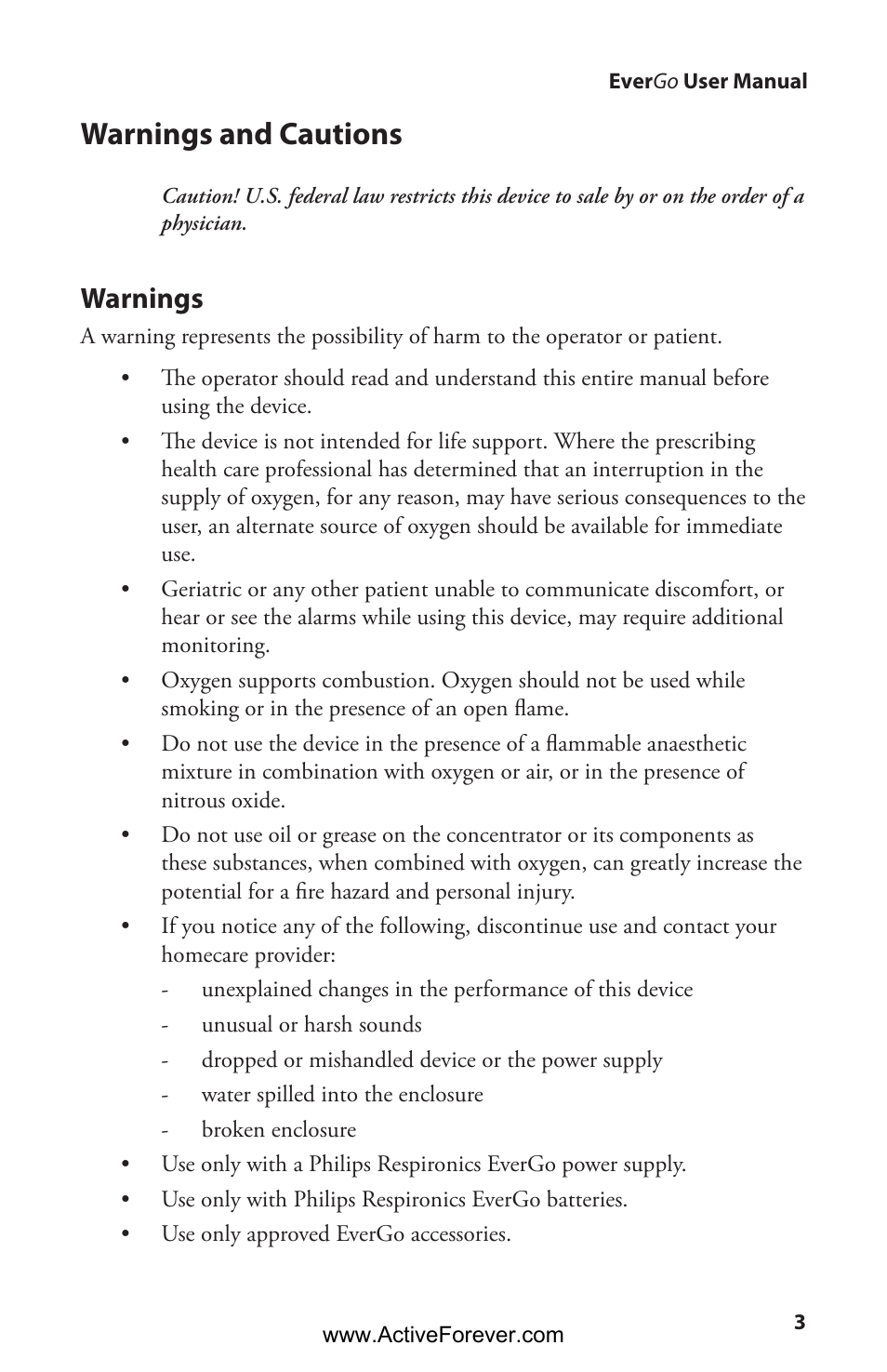 Warnings and cautions, Warnings | Activeforever Respironics EverGo Portable Oxygen Concentrator User Manual | Page 6 / 38