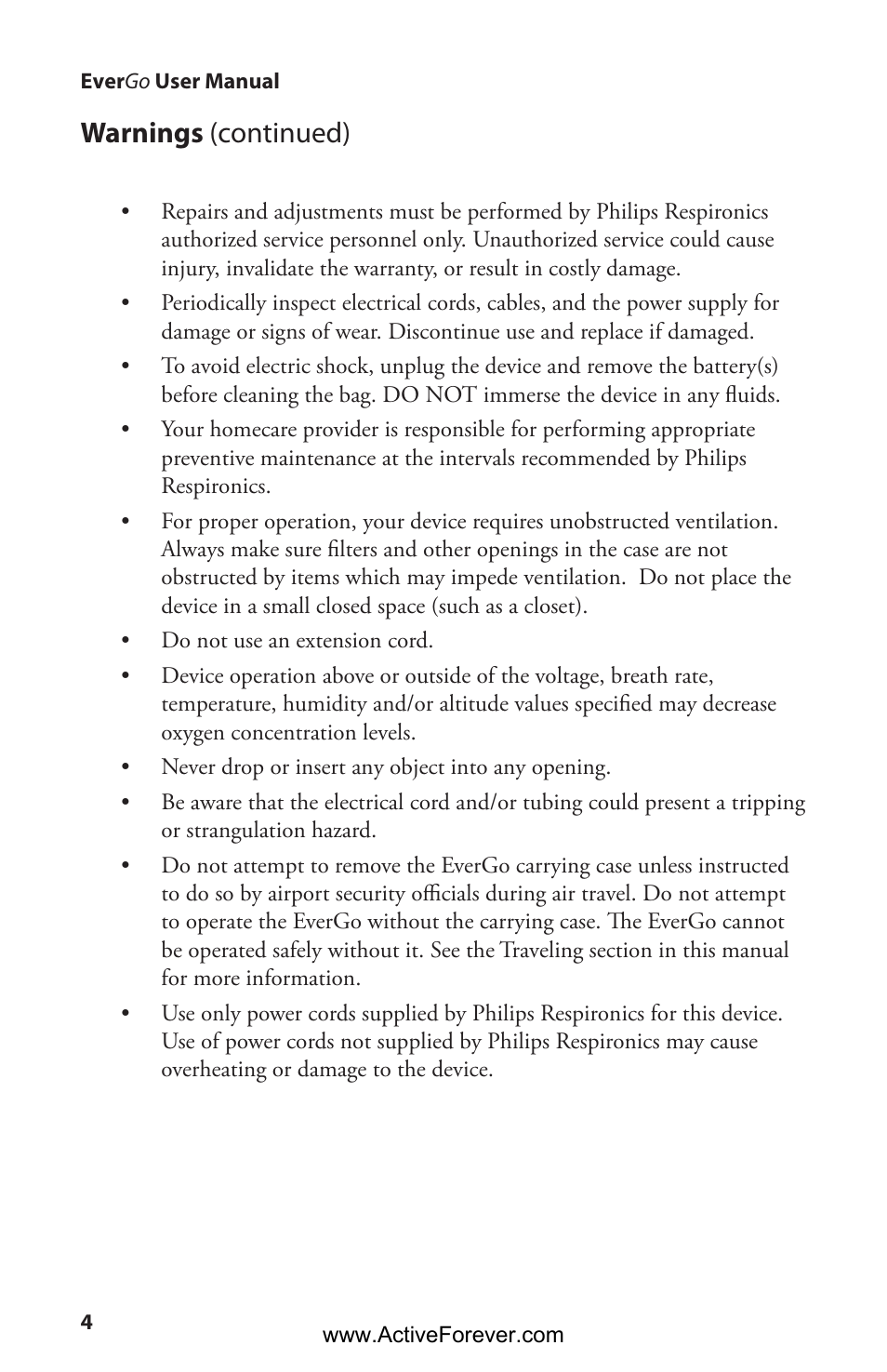 Warnings (continued) | Activeforever Respironics EverGo Portable Oxygen Concentrator User Manual | Page 7 / 38