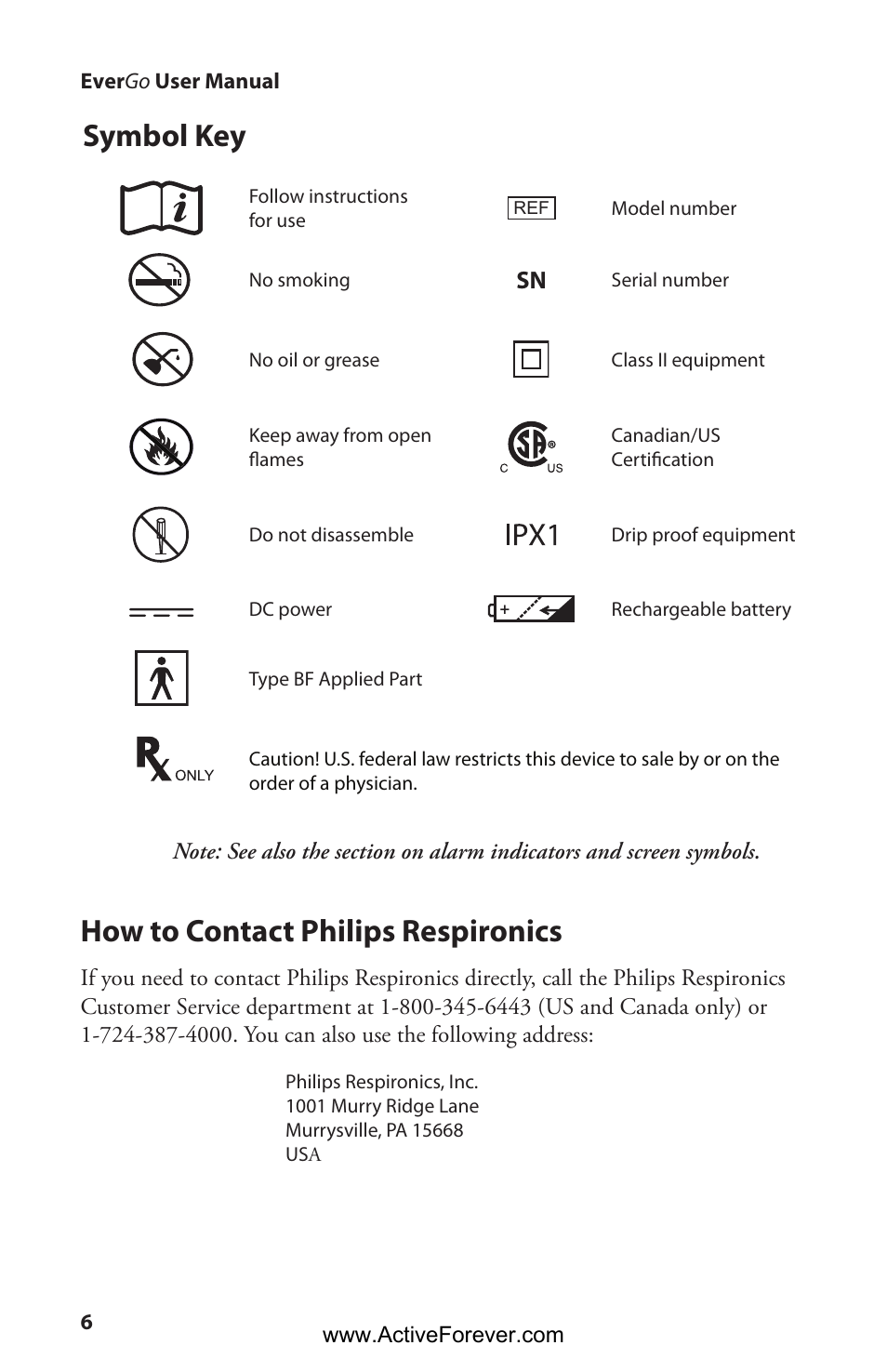 Symbol key, How to contact philips respironics | Activeforever Respironics EverGo Portable Oxygen Concentrator User Manual | Page 9 / 38