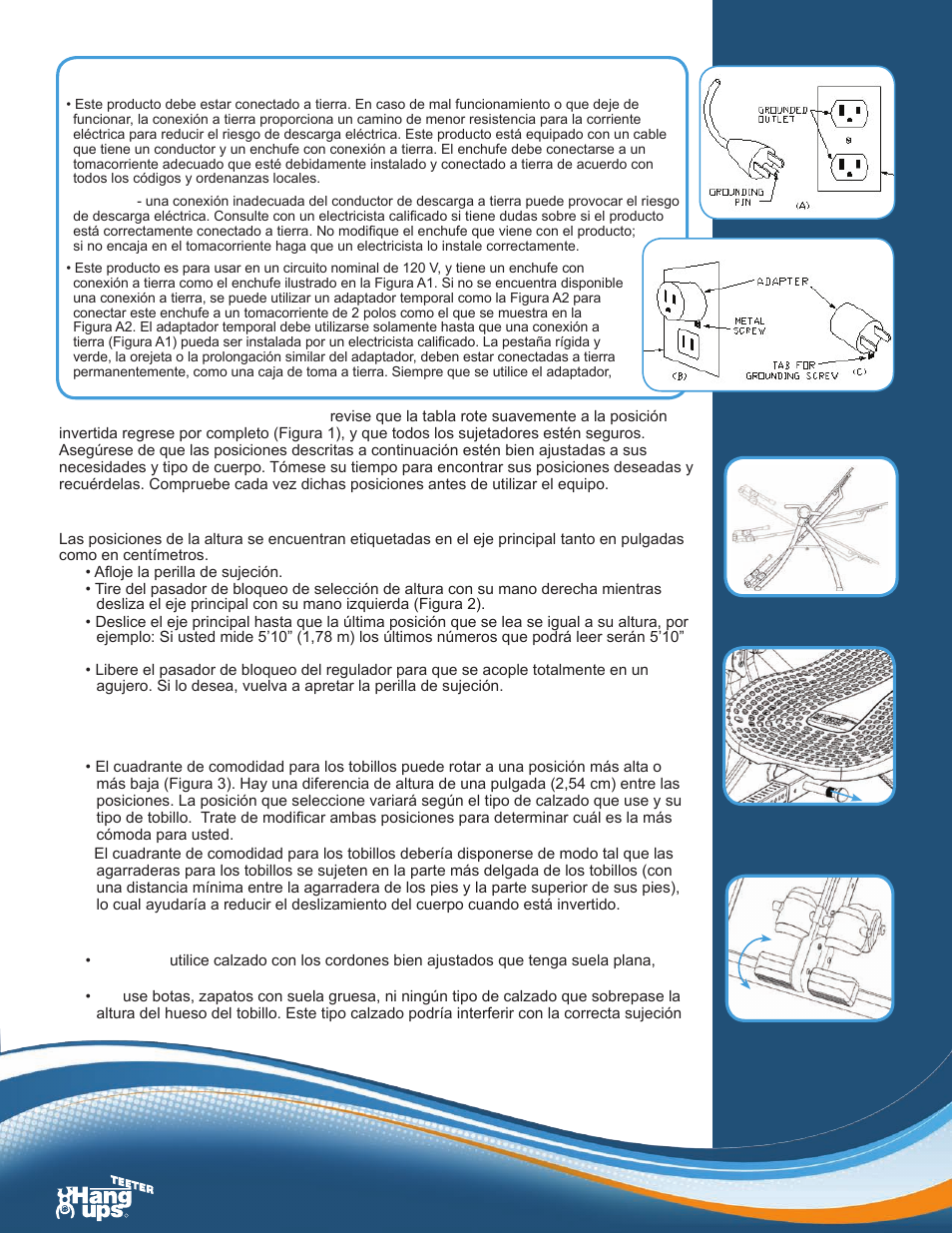 Instrucciones para la conexión a tierra, Antes de invertirse, Posición para la altura: ajuste del eje principal | Prepárese para subirse | Activeforever Teeter Hang Ups Contour Power Inversion Table User Manual | Page 10 / 12