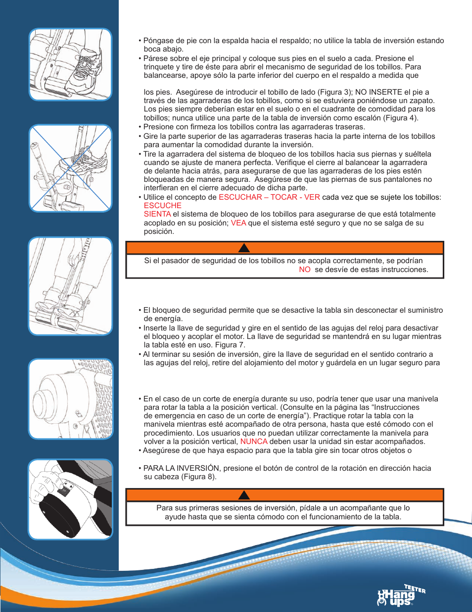 Asegure sus tobillos, Bloqueo de seguridad, Inversión | Advertencia | Activeforever Teeter Hang Ups Contour Power Inversion Table User Manual | Page 11 / 12