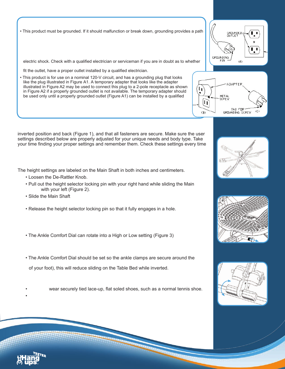 Grounding instructions, Before you invert, Height setting: adjust the main shaft | Ankle comfort dial: find your setting, Prepare to mount | Activeforever Teeter Hang Ups Contour Power Inversion Table User Manual | Page 2 / 12