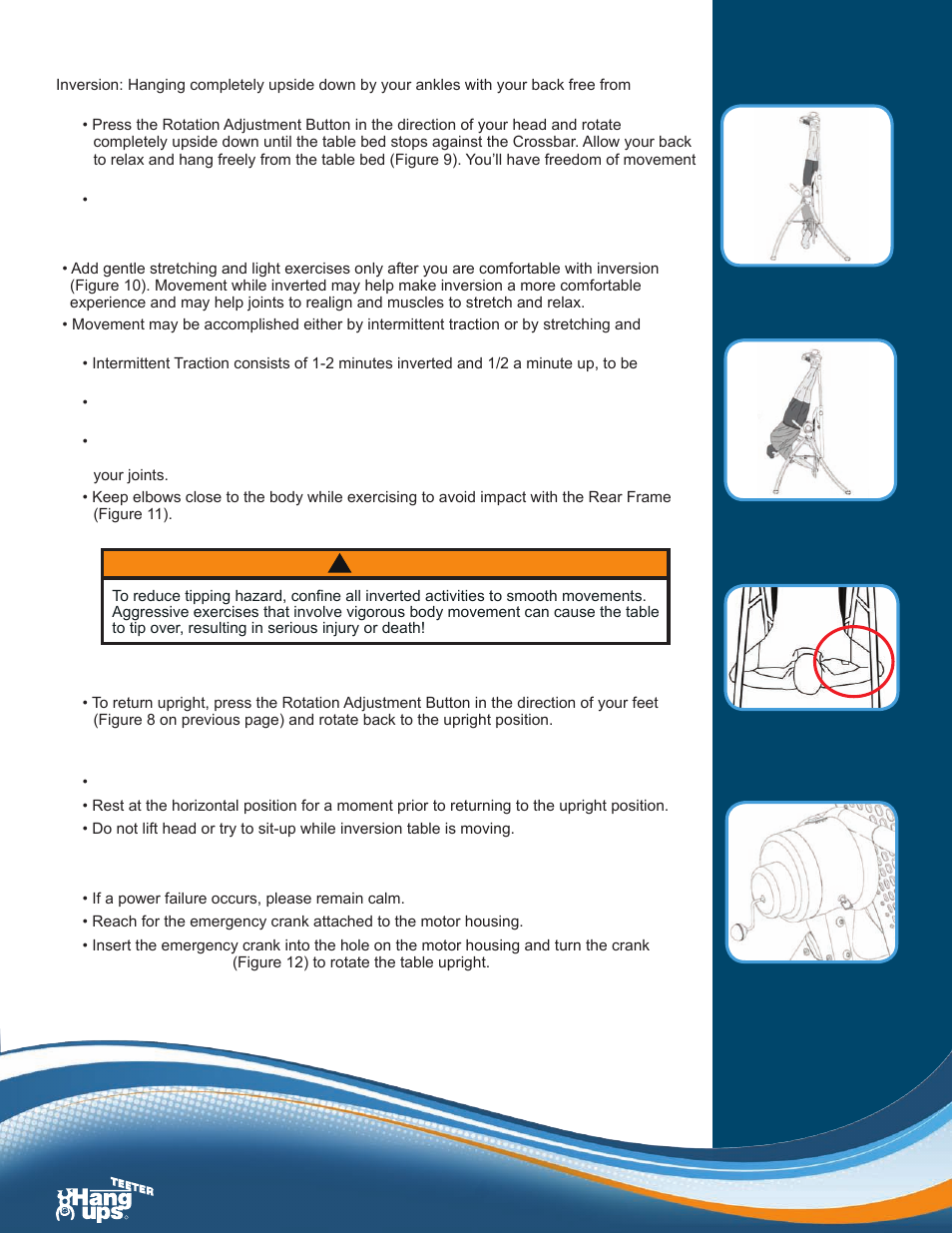 Full inversion, Moving while inverted is helpful, Returning upright | Emergency power outage directions, Warning | Activeforever Teeter Hang Ups Contour Power Inversion Table User Manual | Page 4 / 12