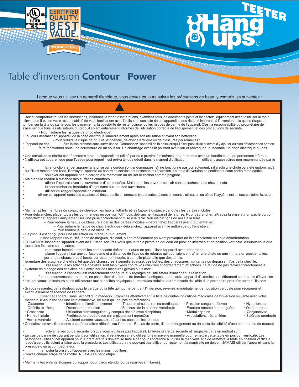 Manuel d’utilisation, Table d’inversion contour, Power | Advertissement, Instructions de sécurité importantes, Conservez ces instructions, Rated 1 | Activeforever Teeter Hang Ups Contour Power Inversion Table User Manual | Page 5 / 12