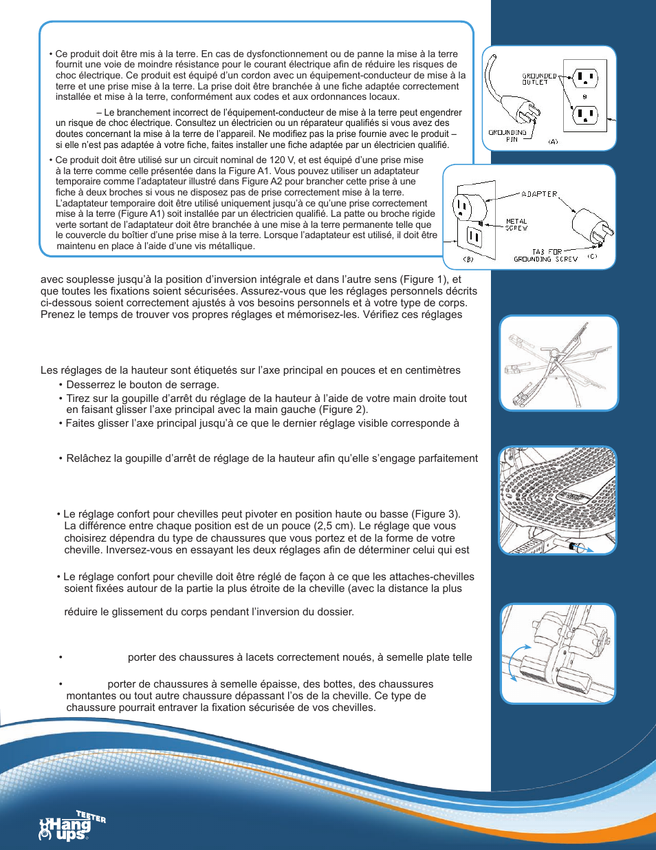 Instructions de mise à la terre, Avant de vous inverser, Réglage de la hauteur : ajustez l’axe principal | Préparez-vous à monter sur la table | Activeforever Teeter Hang Ups Contour Power Inversion Table User Manual | Page 6 / 12