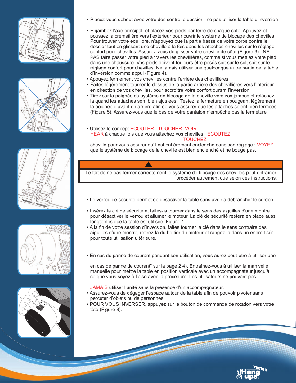 Fixer vos chevilles, Verrou de sécurité, S’inverser | Avertissement | Activeforever Teeter Hang Ups Contour Power Inversion Table User Manual | Page 7 / 12