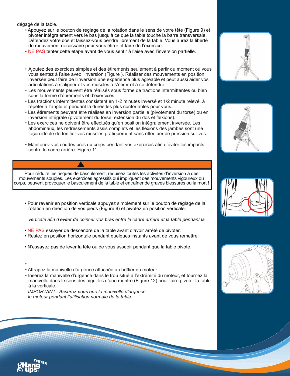 Inversion intégrale, Bouger pendant l’inversion est utile, Revenir en position debout | Instructions en cas de panne de courant, Avertissement | Activeforever Teeter Hang Ups Contour Power Inversion Table User Manual | Page 8 / 12