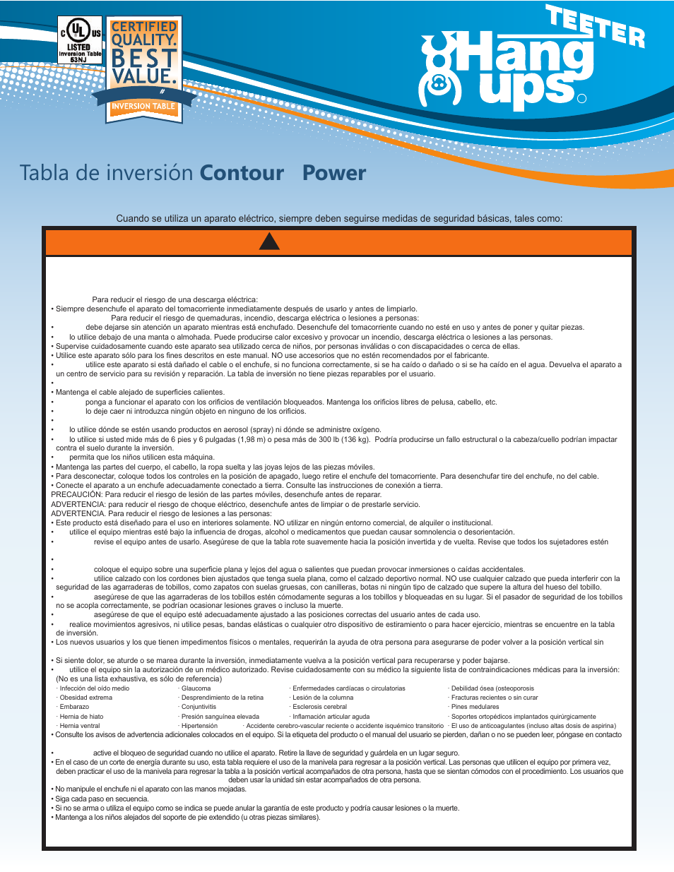 Manual del usuario, Tabla de inversión contour, Power | Advertencia, Importantes instrucciones de seguridad, Guarde estas instrucciones, Rated 1 | Activeforever Teeter Hang Ups Contour Power Inversion Table User Manual | Page 9 / 12