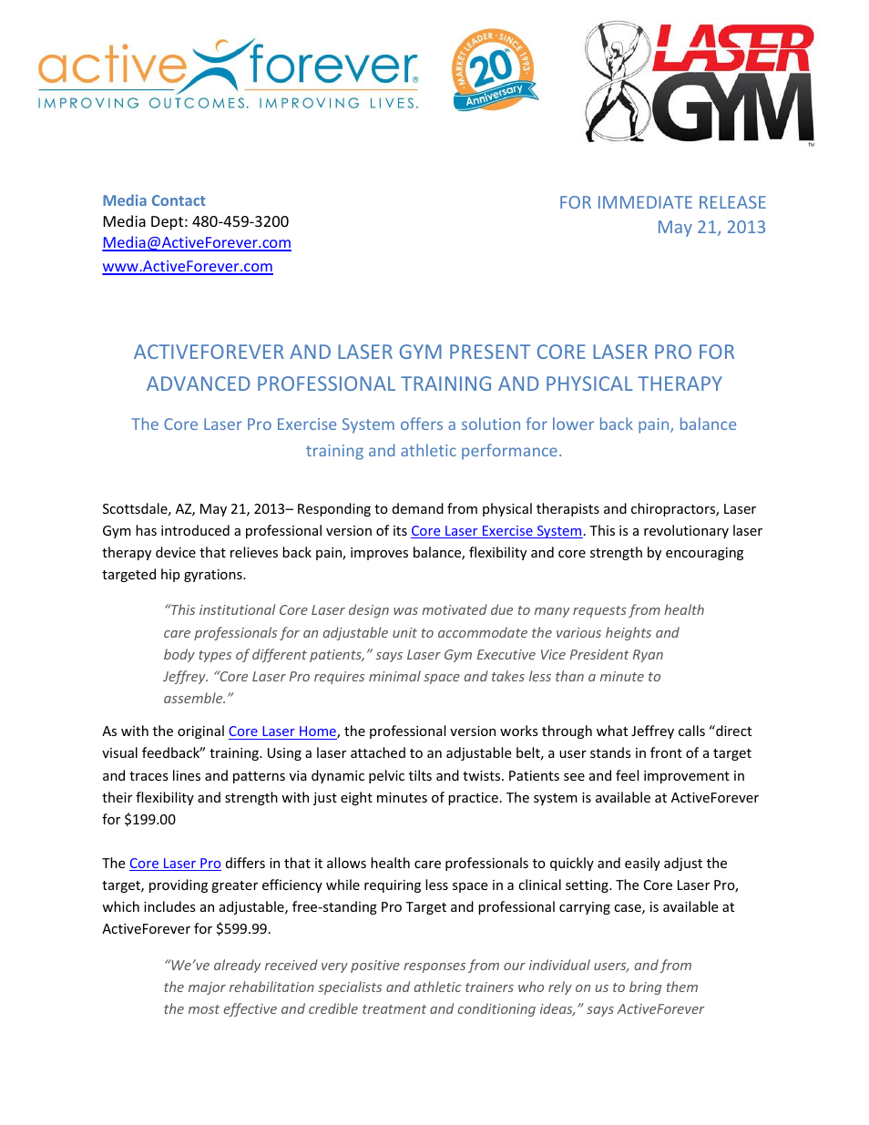 Activeforever Core Laser Pro Exercise System by Laser Gym User Manual | 2 pages
