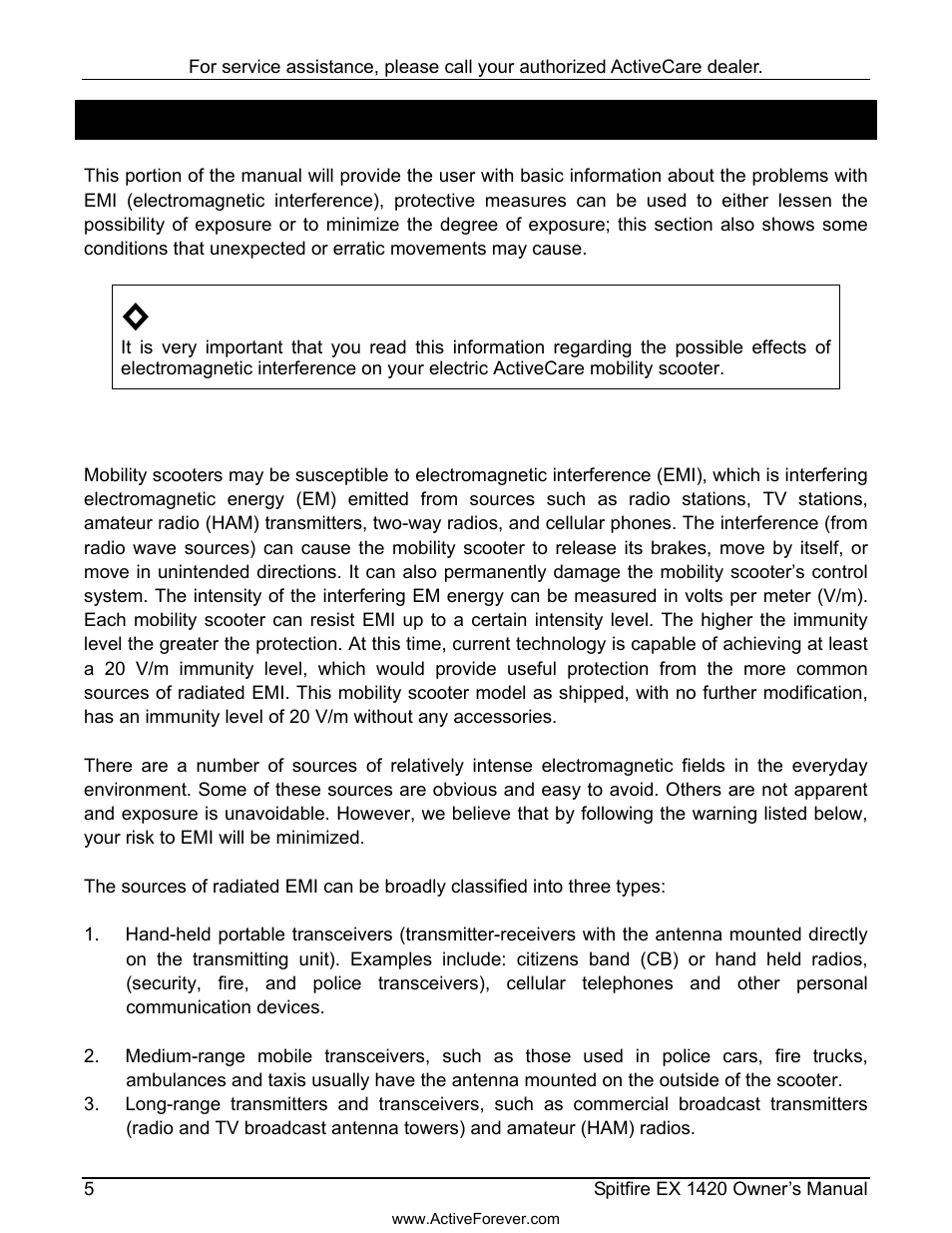 Electromagnetic interference (emi) | Activeforever ActiveCare Spitfire EX 1420 Travel Scooter User Manual | Page 6 / 24
