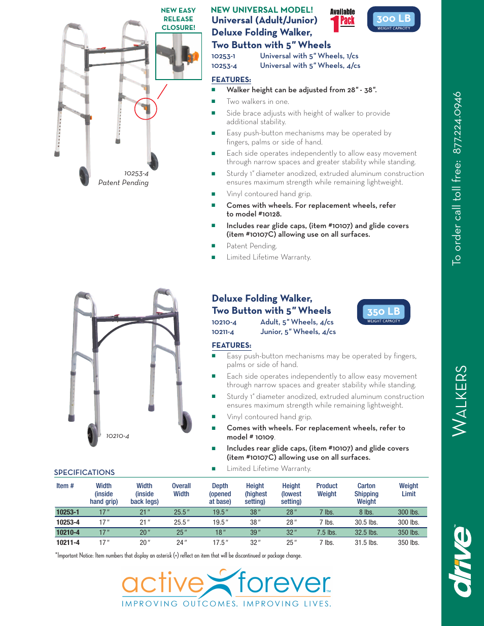 Activeforever Drive Deluxe Folding Walker Two Button with 5 inch wheels User Manual | 1 page