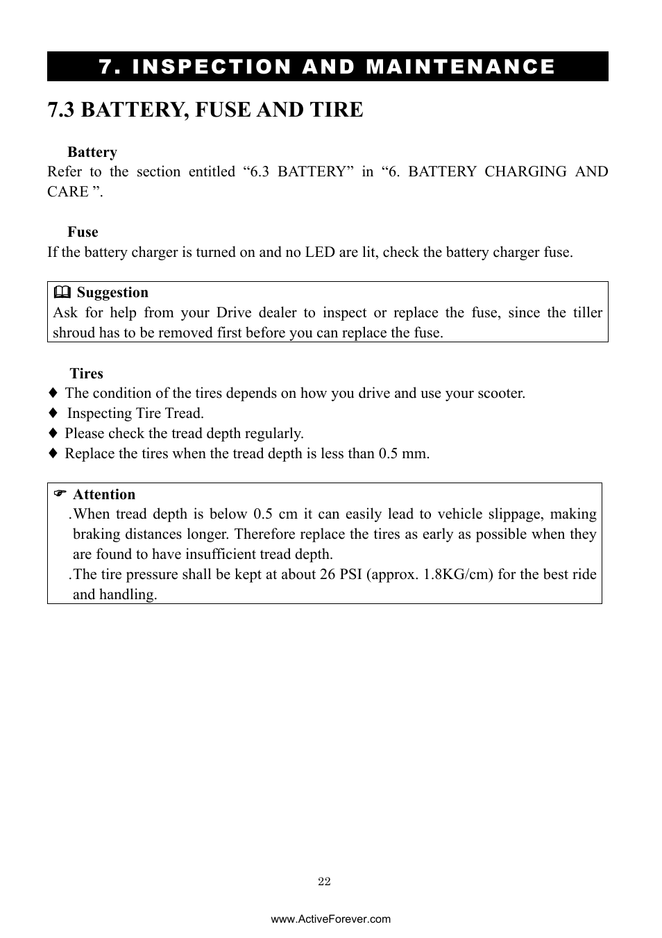 3 battery, fuse and tire, Inspection and maintenance | Activeforever Drive Daytona S45001gt Scooter (Red - with Peace of Mind Warranty) User Manual | Page 22 / 32