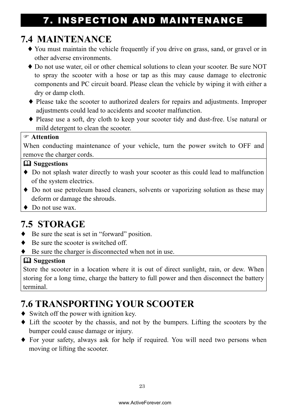 4 maintenance, 5 storage, 6 transporting your scooter | Inspection and maintenance | Activeforever Drive Daytona S45001gt Scooter (Red - with Peace of Mind Warranty) User Manual | Page 23 / 32