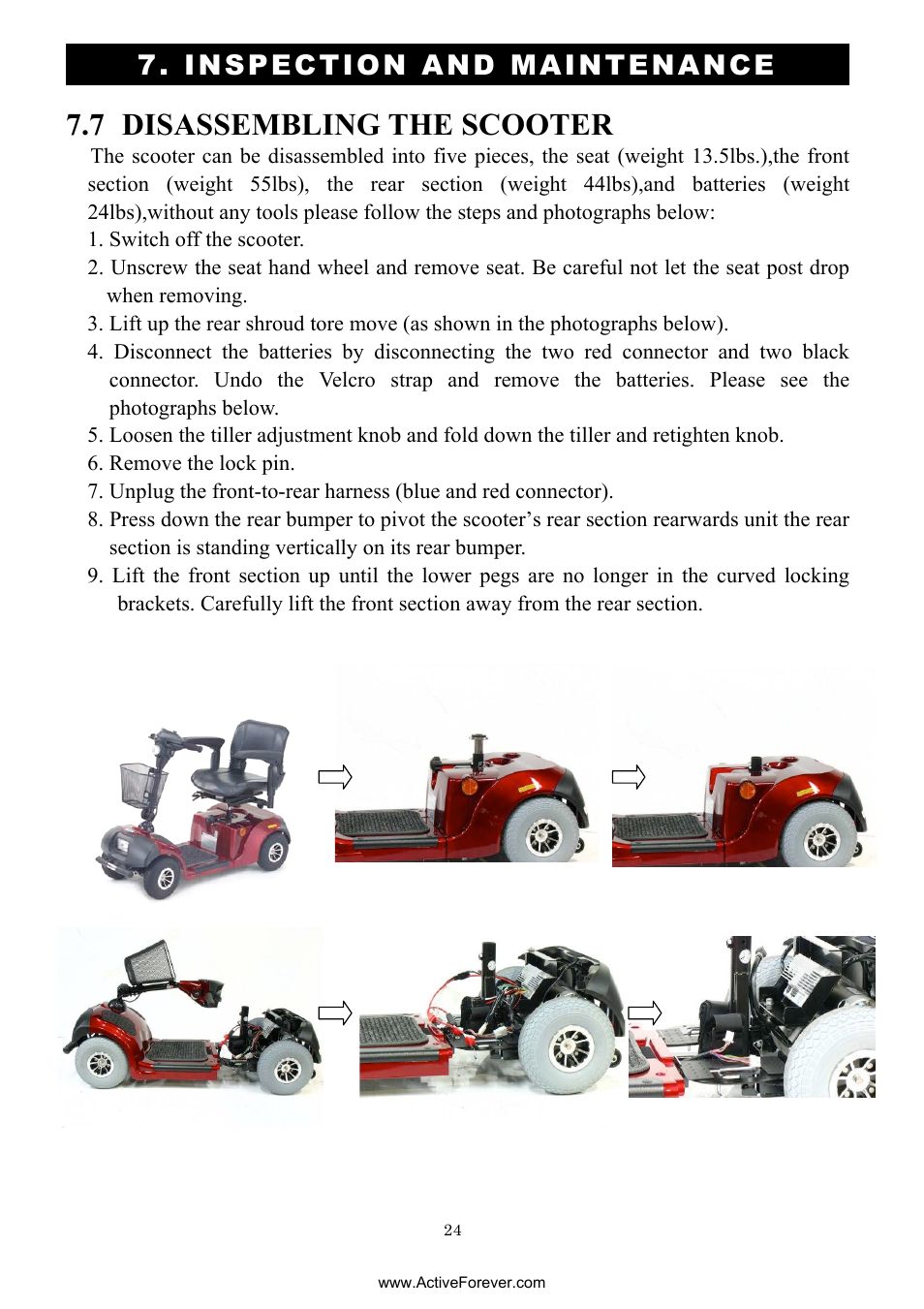 7 disassembling the scooter, Inspection and maintenance | Activeforever Drive Daytona S45001gt Scooter (Red - with Peace of Mind Warranty) User Manual | Page 24 / 32