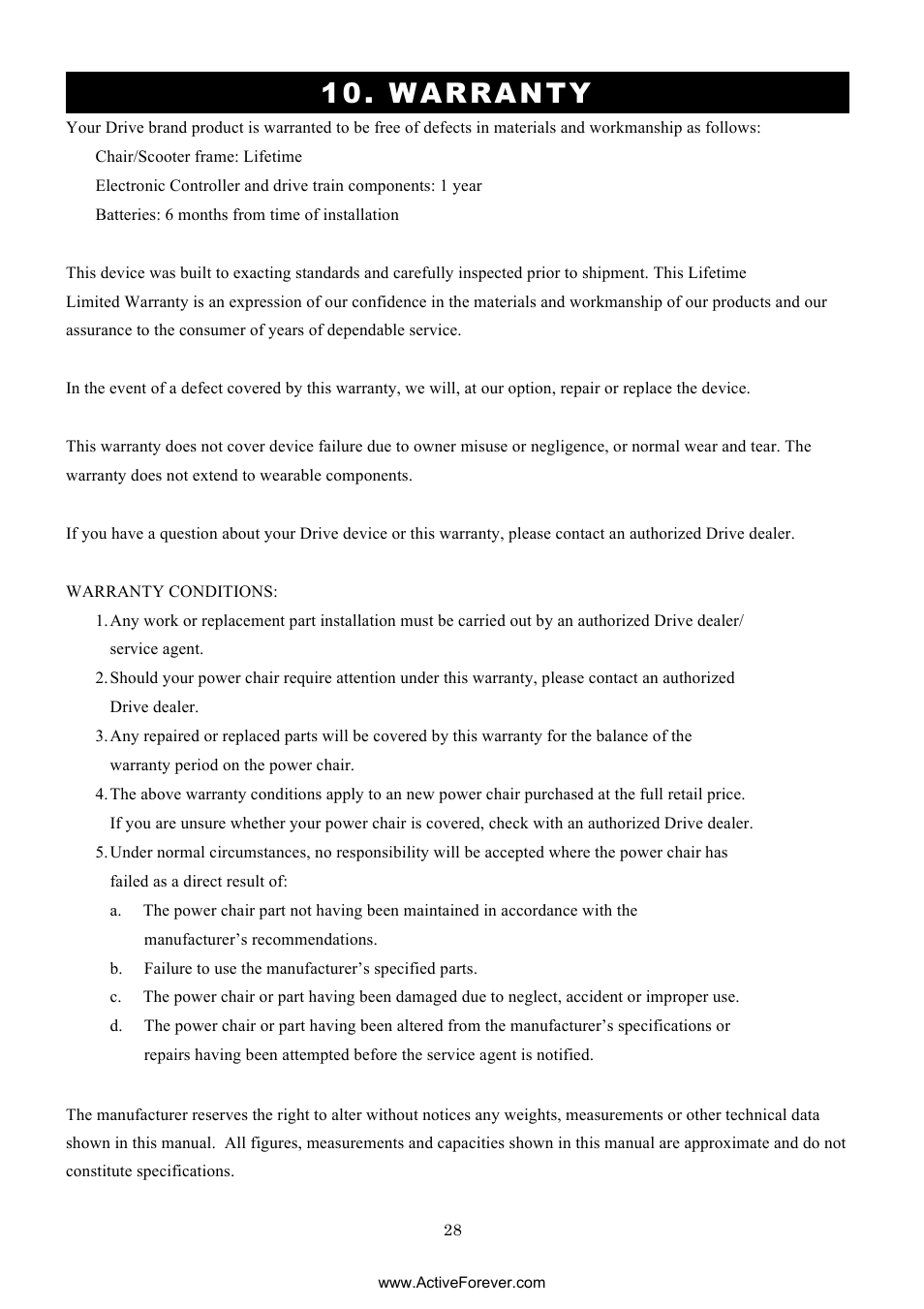 Warranty | Activeforever Drive Daytona S45001gt Scooter (Red - with Peace of Mind Warranty) User Manual | Page 28 / 32