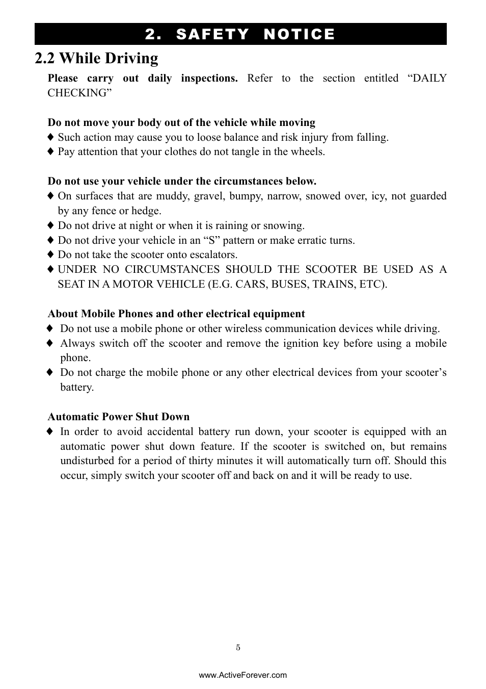2 while driving, Safety notice | Activeforever Drive Daytona S45001gt Scooter (Red - with Peace of Mind Warranty) User Manual | Page 5 / 32