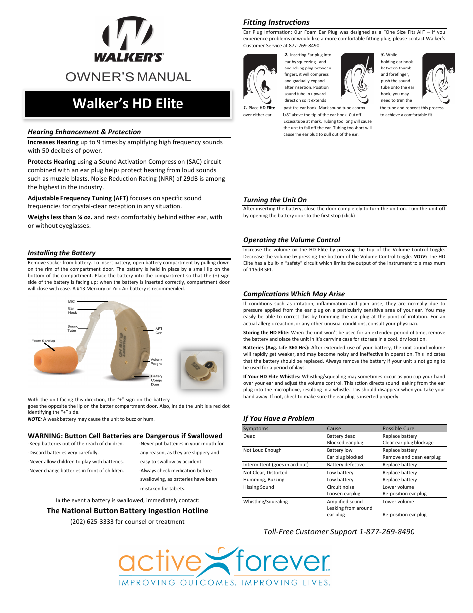 Activeforever Walkers Game Ear HD Elite User Manual | 2 pages