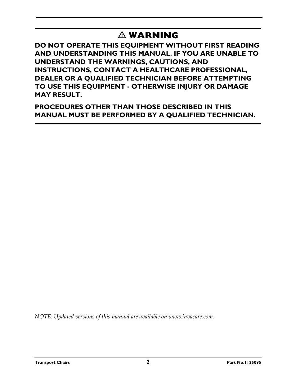 Ƽ warning | Activeforever Invacare Tracer Transport Wheelchair User Manual | Page 2 / 33