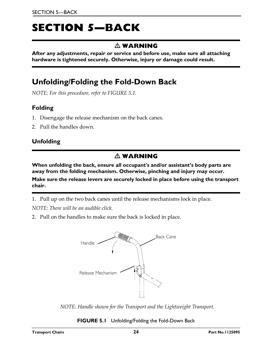 Section 5—back, Unfolding/folding the fold-down back, Folding unfolding | Activeforever Invacare Tracer Transport Wheelchair User Manual | Page 24 / 33