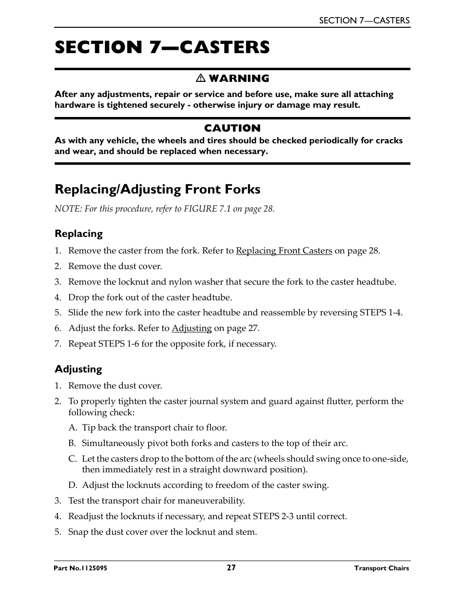 Section 7—casters, Replacing/adjusting front forks, Replacing adjusting | Activeforever Invacare Tracer Transport Wheelchair User Manual | Page 27 / 33