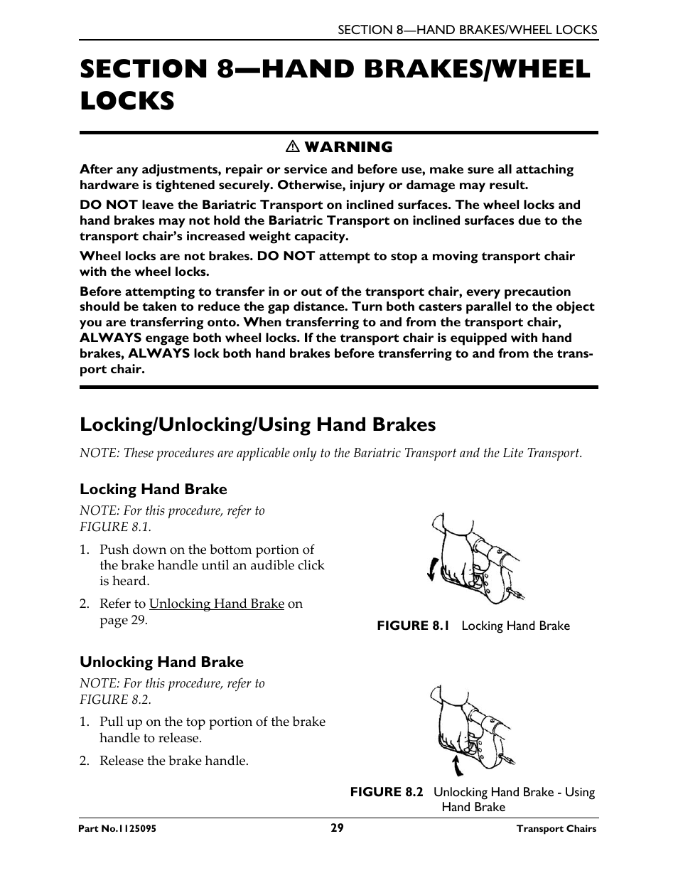 Section 8—hand brakes/wheel locks, Locking/unlocking/using hand brakes, Locking hand brake unlocking hand brake | Activeforever Invacare Tracer Transport Wheelchair User Manual | Page 29 / 33