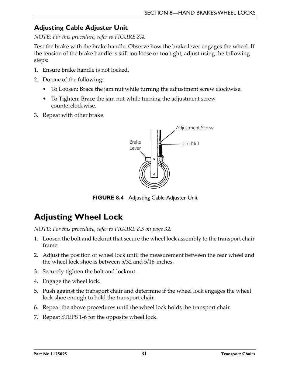 Adjusting cable adjuster unit, Adjusting wheel lock | Activeforever Invacare Tracer Transport Wheelchair User Manual | Page 31 / 33