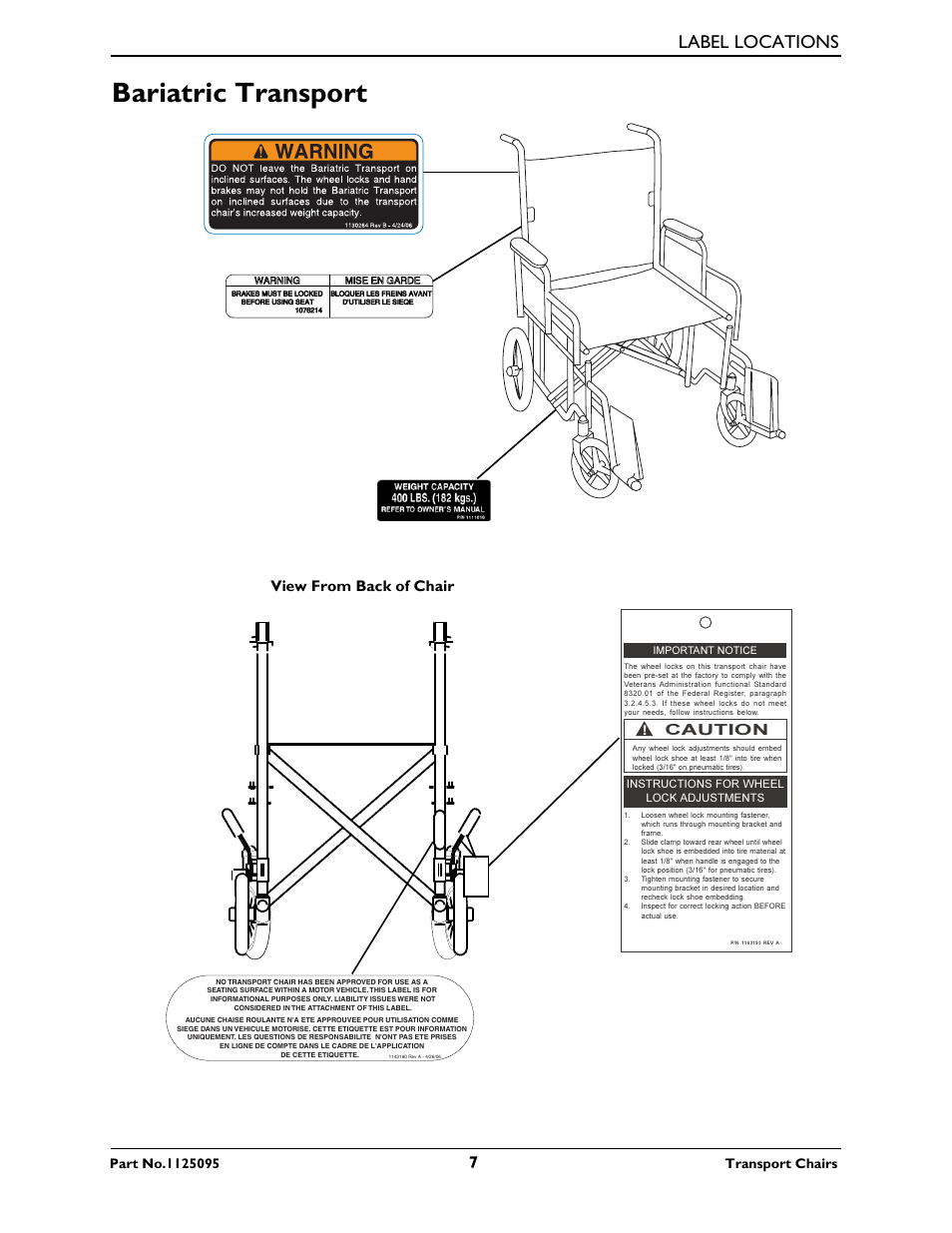 Bariatric transport, Label locations, View from back of chair | Caution, Transport chairs | Activeforever Invacare Tracer Transport Wheelchair User Manual | Page 7 / 33