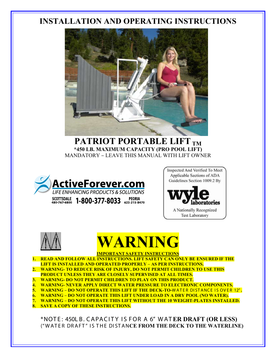 Activeforever Patriot ADA Compliant Portable Pool Lift User Manual | 19 pages