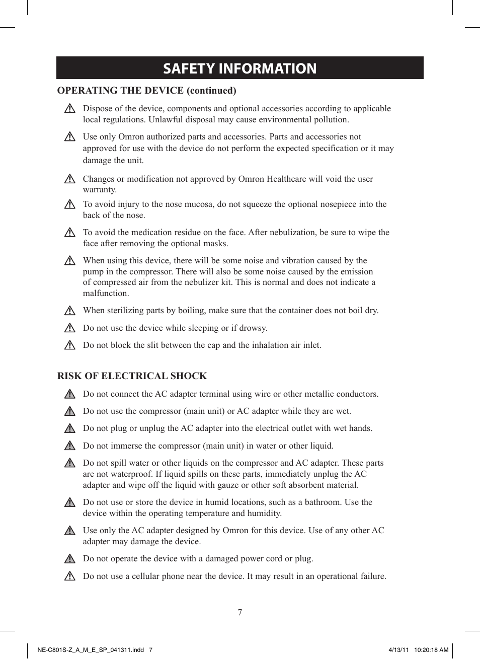 Safety information | Activeforever Omron CompAir NE-C801 Nebulizer System (Omron CompAir Nebulizer System NE-C801) User Manual | Page 7 / 32