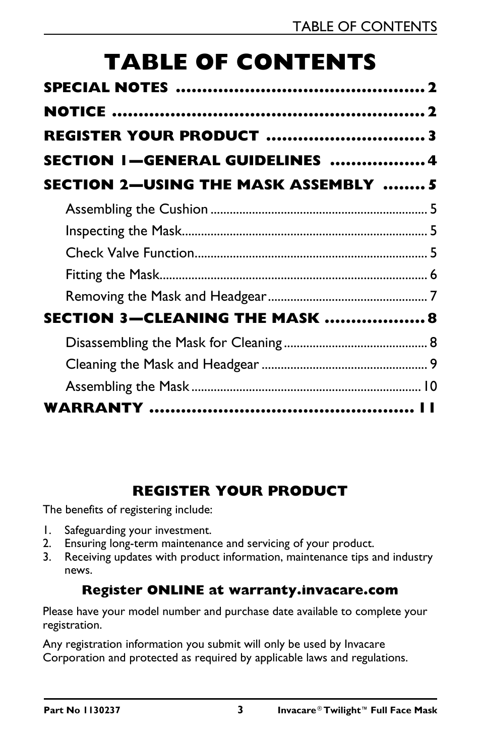 Special notes 2, Notice 2, Register your product 3 | Section 1-general guidelines 4, Section 2-using the mask assembly 5, Assembling the cushion 5, Inspecting the mask 5, Check valve function 5, Fitting the mask 6, Removing the mask and headgear 7 | Activeforever Invacare Twilight Full Face CPAP Mask (Full Face CPAP Mask) User Manual | Page 3 / 11