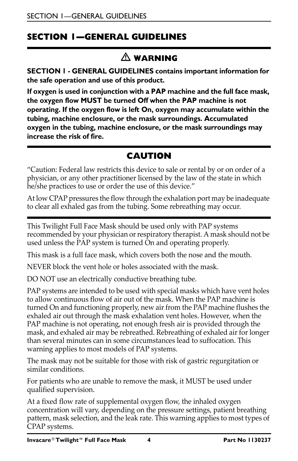 Section 1- general guidelines, M warning, Caution | Activeforever Invacare Twilight Full Face CPAP Mask (Full Face CPAP Mask) User Manual | Page 4 / 11