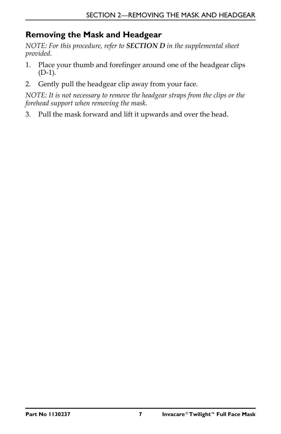 Removing the mask and headgear, Gently pull the headgear clip away from your face | Activeforever Invacare Twilight Full Face CPAP Mask (Full Face CPAP Mask) User Manual | Page 7 / 11