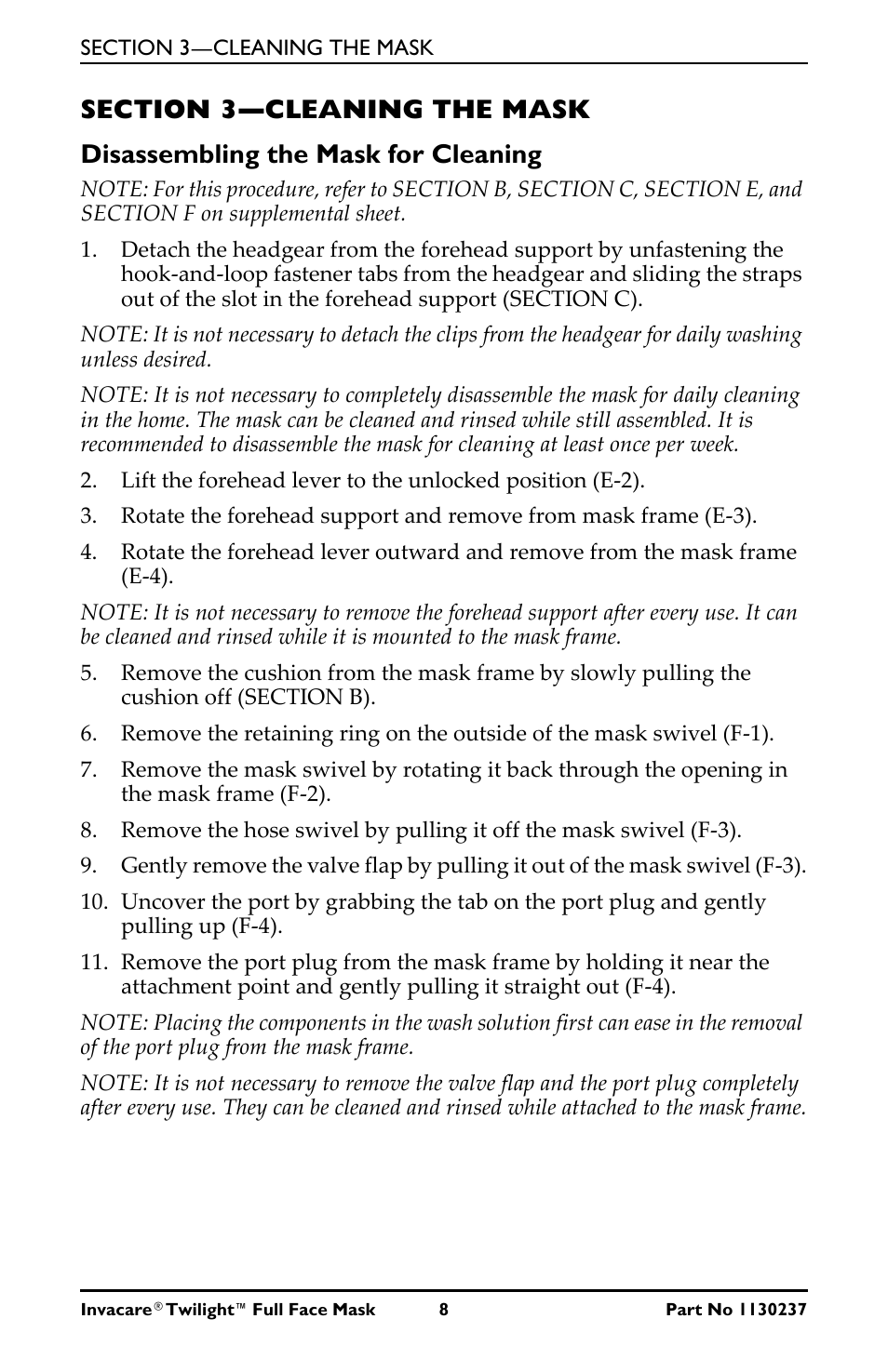 Section 3- cleaning the mask, Disassembling the mask for cleaning | Activeforever Invacare Twilight Full Face CPAP Mask (Full Face CPAP Mask) User Manual | Page 8 / 11