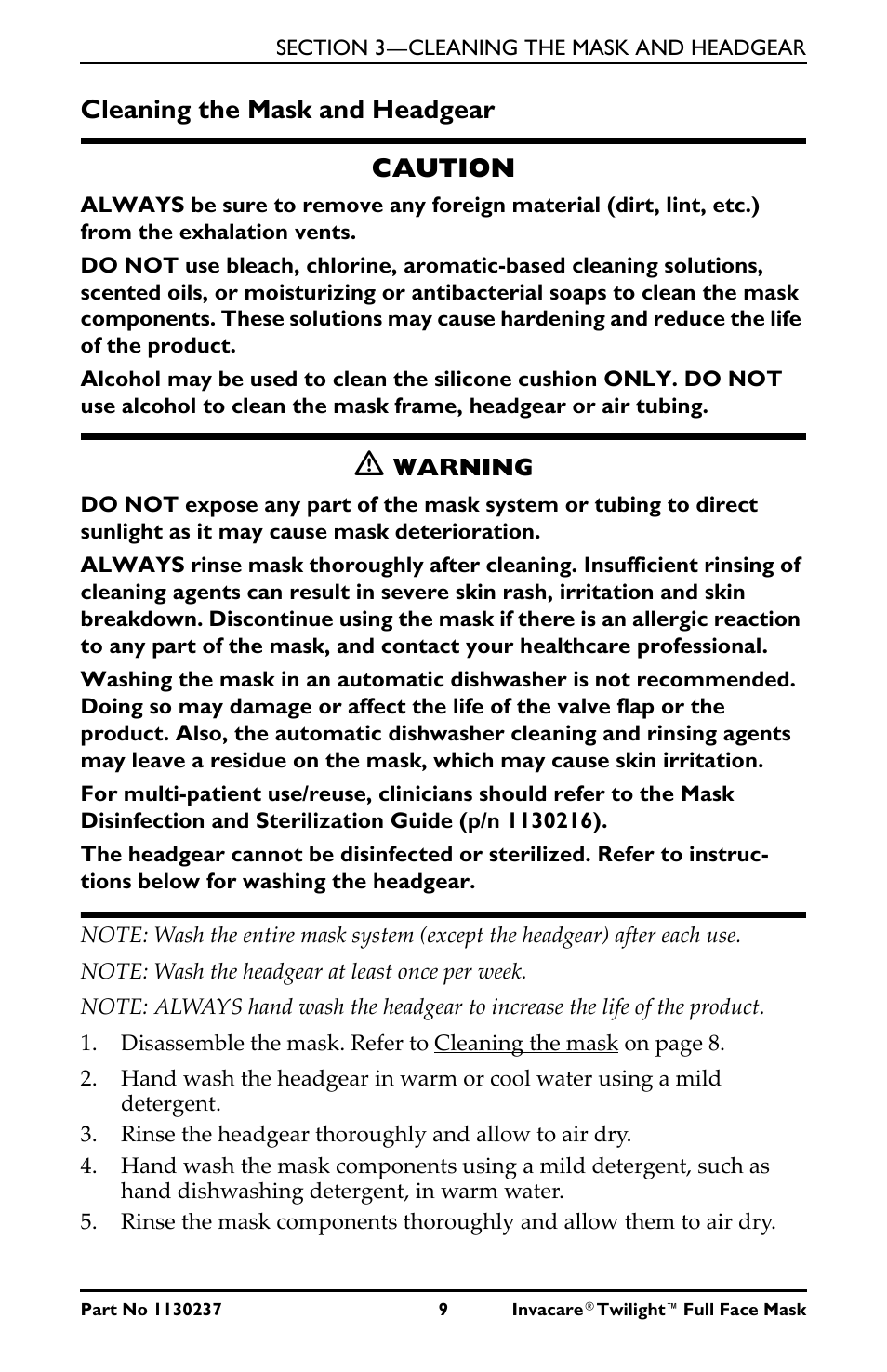 Cleaning the mask and headgear, Caution, M warning | Note: wash the headgear at least once per week, Rinse the headgear thoroughly and allow to air dry, Cleaning the mask and headgear caution | Activeforever Invacare Twilight Full Face CPAP Mask (Full Face CPAP Mask) User Manual | Page 9 / 11