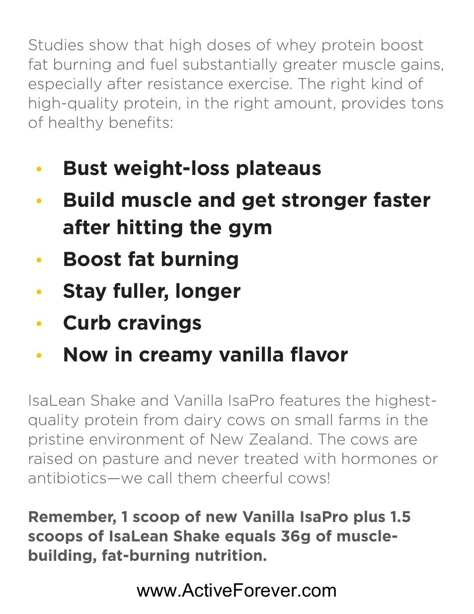 Bust weight-loss plateaus, Boost fat burning, Stay fuller, longer | Curb cravings, Now in creamy vanilla flavor | Activeforever Isagenix IsaPro Whey Protein Powder (Vanilla Flavor) User Manual | Page 3 / 3