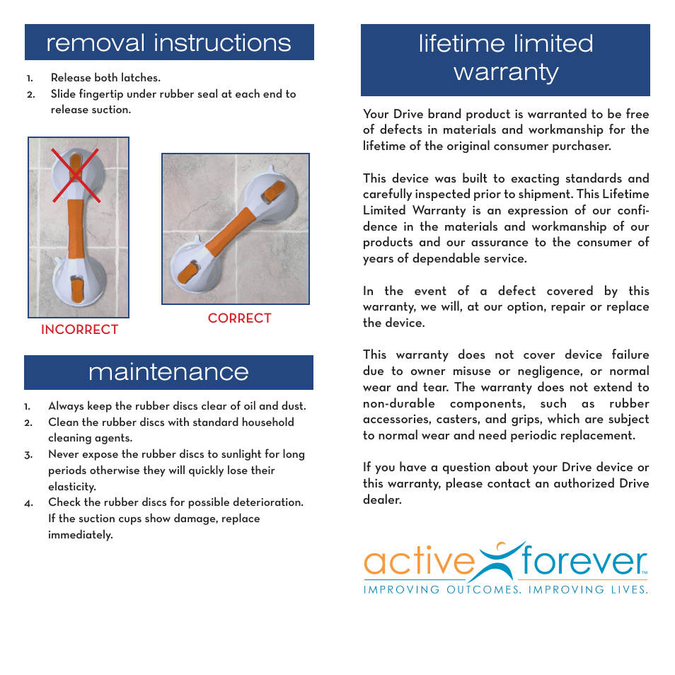 Removal instructions, Maintenance, Lifetime limited warranty | Activeforever Drive Suction Cup Grab Bar User Manual | Page 3 / 3