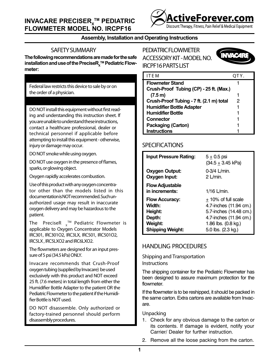 Activeforever Invacare Precise RX Pediatric Flow Meter (Pediatric Flow Meter) User Manual | 4 pages