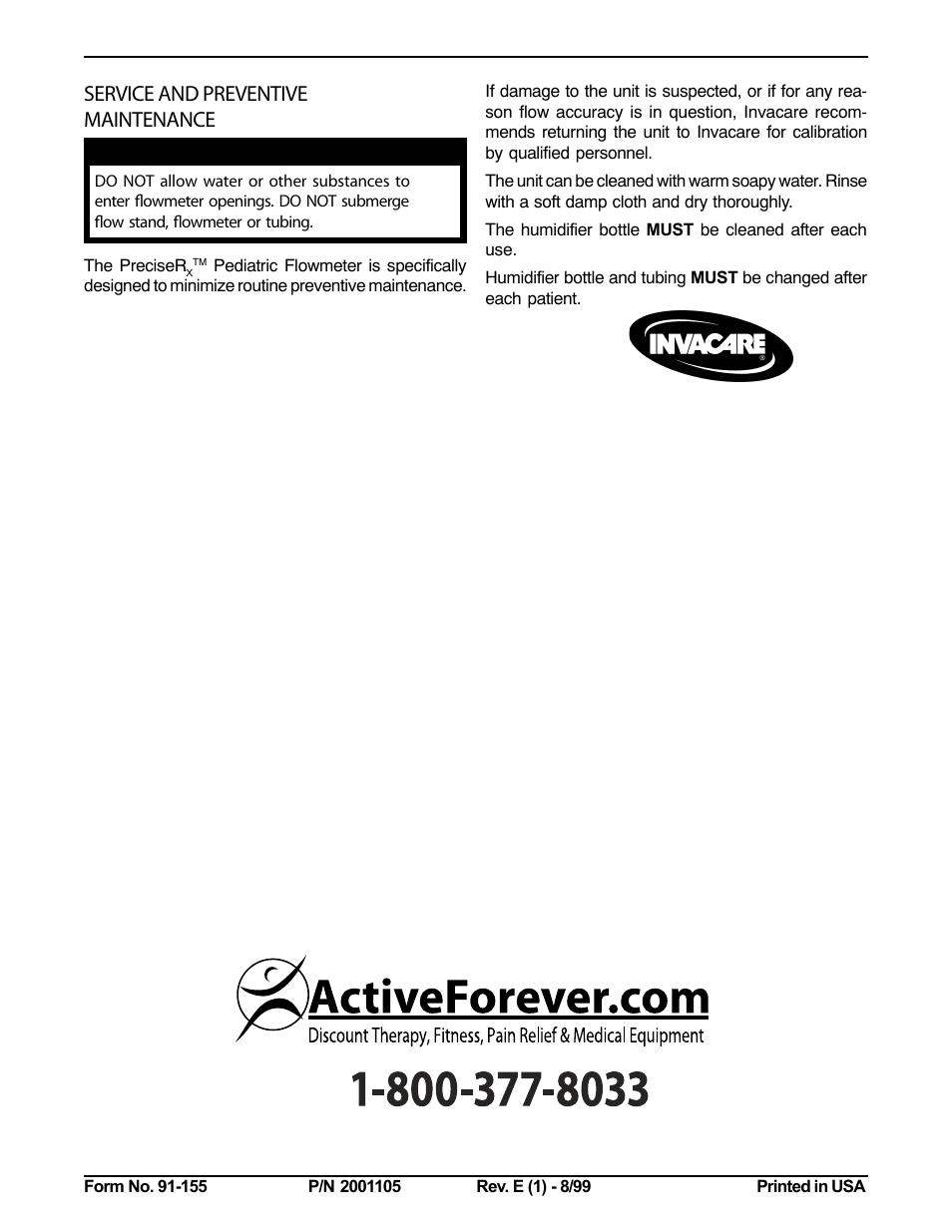 Service and preventive maintenance | Activeforever Invacare Precise RX Pediatric Flow Meter (Pediatric Flow Meter) User Manual | Page 4 / 4