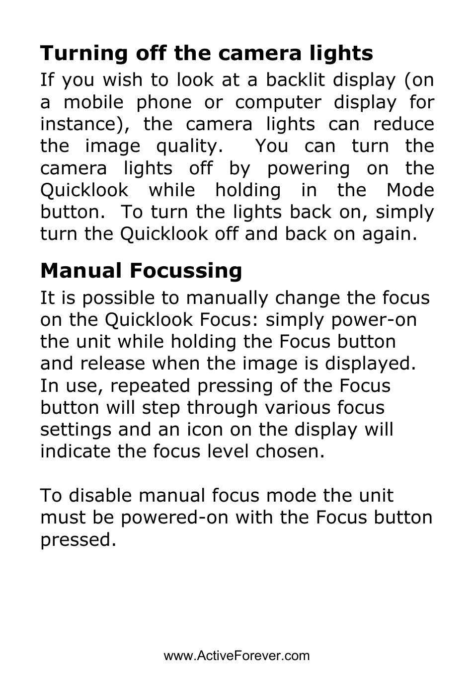10 turning off the camera lights, Manual focussing | Activeforever QuickLook Focus Portable Video Magnifier User Manual | Page 10 / 19