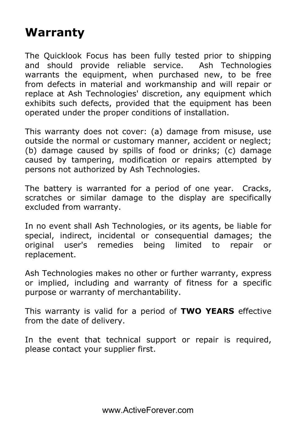 Warranty | Activeforever QuickLook Focus Portable Video Magnifier User Manual | Page 18 / 19