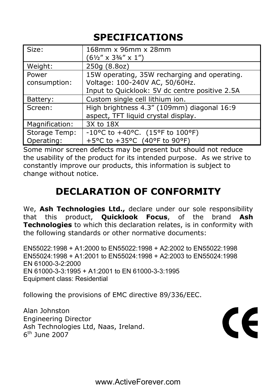 Specifications, Declaration of conformity | Activeforever QuickLook Focus Portable Video Magnifier User Manual | Page 19 / 19
