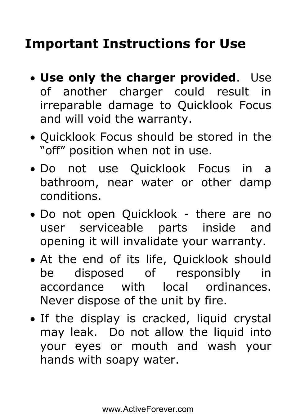 2important instructions for use | Activeforever QuickLook Focus Portable Video Magnifier User Manual | Page 2 / 19