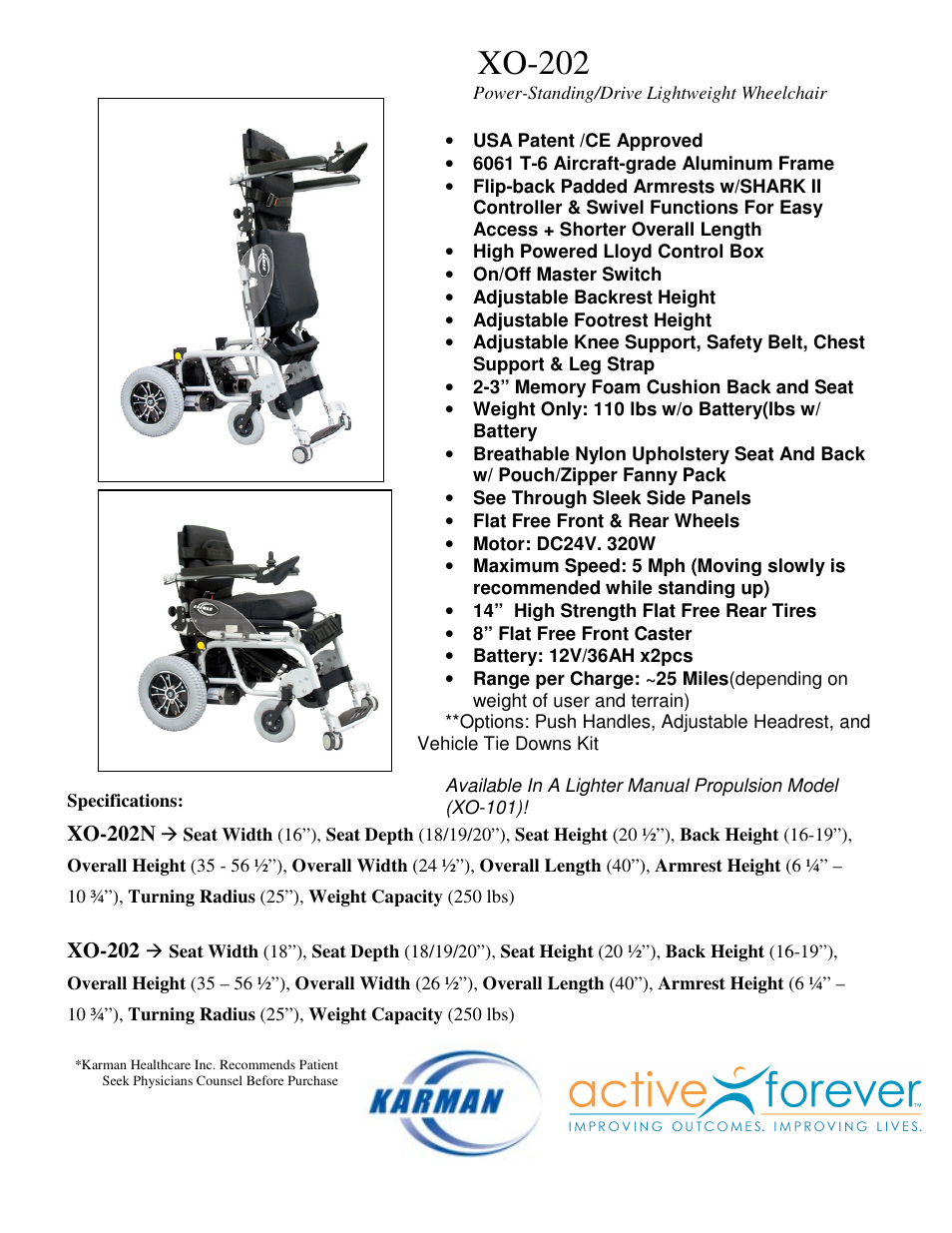 Activeforever Karman Healthcare Stand Up Power Wheelchair User Manual | 1 page
