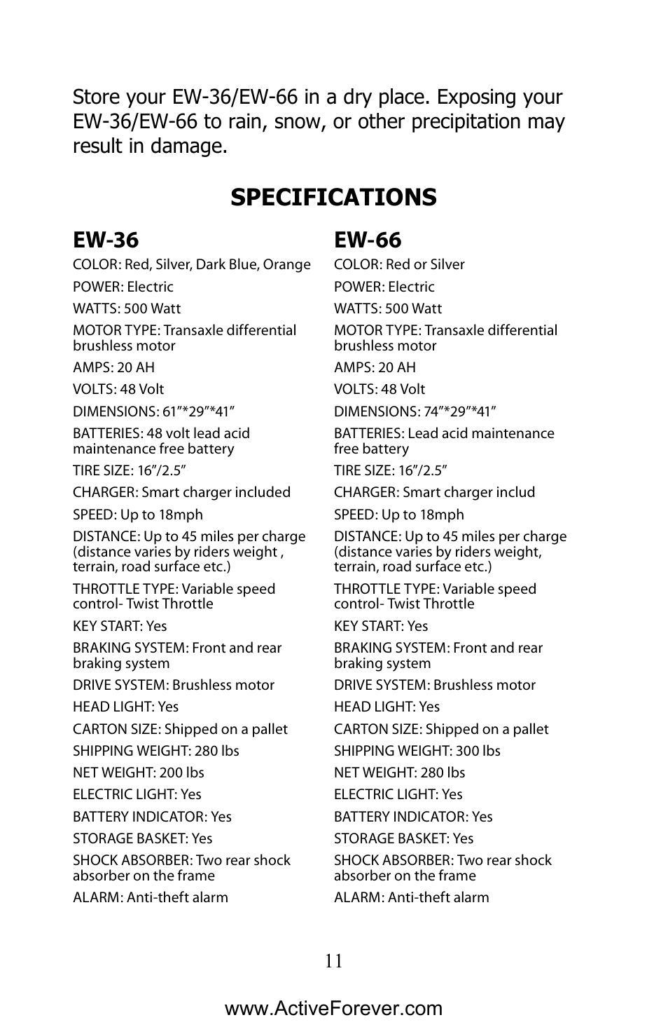 Specifications ew-36, Ew-66 | Activeforever EWheels EW-66 2 Passenger Mobility Scooter User Manual | Page 12 / 27